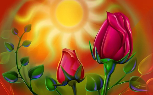 Artistic rose wallpaper featuring two vibrant flowers against a bright, stylized sun background. This HD image can be used as a desktop background.
