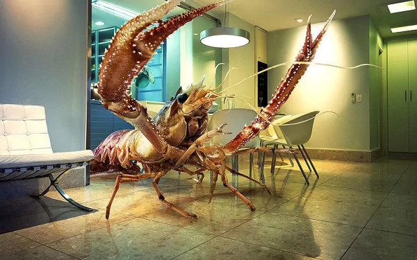 A fantastical sea monster, resembling a giant lobster, dominates a modern living space, blending surrealism with interior design in this HD desktop wallpaper.