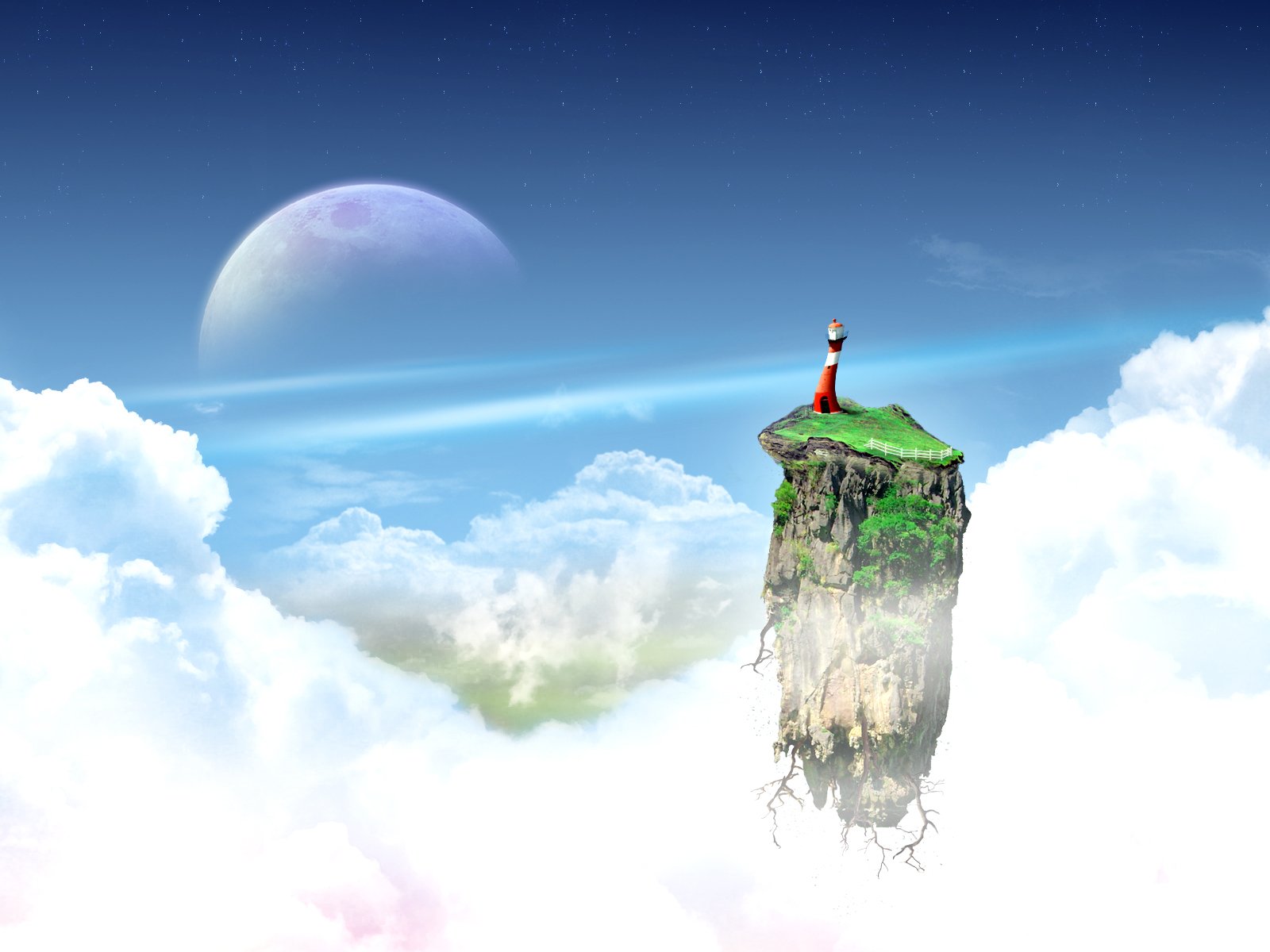 HD desktop wallpaper featuring a Gorillaz-inspired scene with a character standing on a grassy, floating rock amidst clouds, with a large moon in the background.