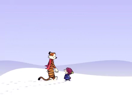 A HD desktop wallpaper depicting Calvin and Hobbes walking through a snowy landscape. Calvin wears a purple winter outfit, while Hobbes is wrapped in a red scarf.