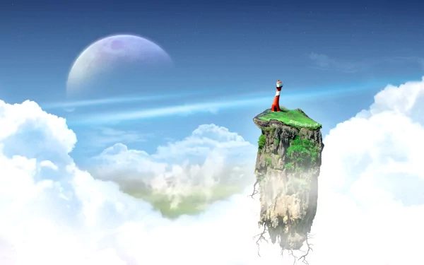 HD desktop wallpaper featuring a Gorillaz-inspired scene with a character standing on a grassy, floating rock amidst clouds, with a large moon in the background.