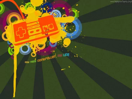 Colorful HD wallpaper featuring a retro Nintendo controller surrounded by vibrant splashes and circles, celebrating video gaming culture.