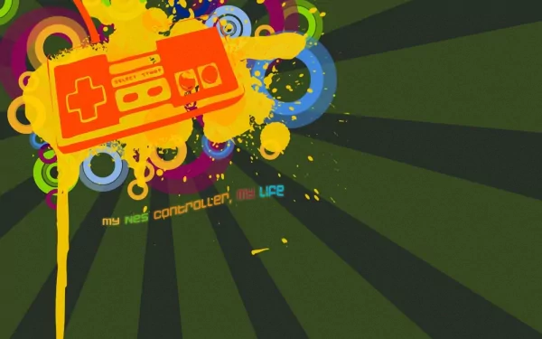 Colorful HD wallpaper featuring a retro Nintendo controller surrounded by vibrant splashes and circles, celebrating video gaming culture.