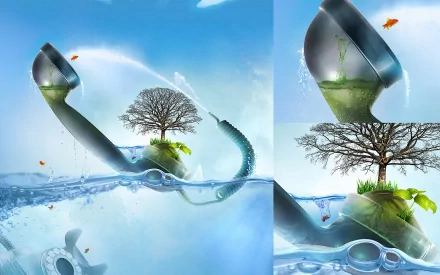 A high-definition, artistic desktop wallpaper depicting a surreal scene with a tree growing on an abstract structure partially submerged in water, with fish swimming around and water jets in the background.