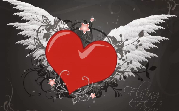 Artistic HD wallpaper featuring a vibrant red heart with angel wings, surrounded by floral and starry designs on a dark background, symbolizing love.