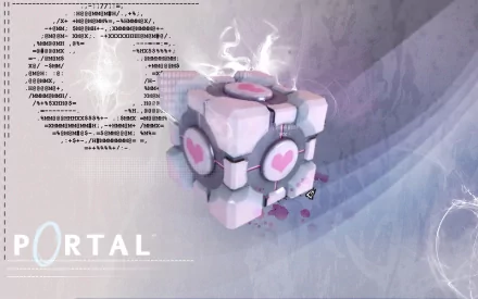 HD desktop wallpaper featuring the weighted companion cube from the video game Portal, with text and abstract designs in the background.