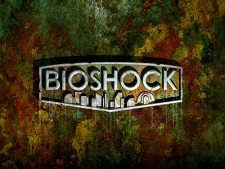A textured, colorful background featuring the Bioshock logo, designed as an HD PC desktop wallpaper for fans of the iconic video game.