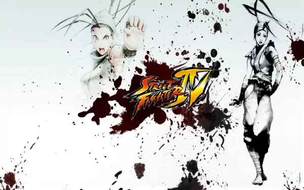 HD desktop wallpaper featuring dynamic characters from the video game Street Fighter IV, set against a backdrop of artistic splatters and the iconic game logo.