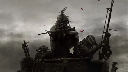 HD desktop wallpaper of a sci-fi warrior with a weapon, surrounded by futuristic soldiers in a dystopian setting with scattered red petals against a cloudy sky.