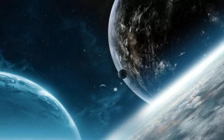 HD desktop wallpaper featuring a stunning sci-fi scene of planets in space with intricate detail.