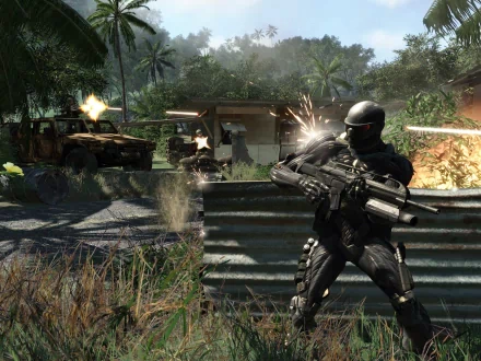 A dynamic HD desktop wallpaper from Crysis 2, showcasing a futuristic soldier in a combat scene with explosions and military vehicles amidst a lush, tropical environment.