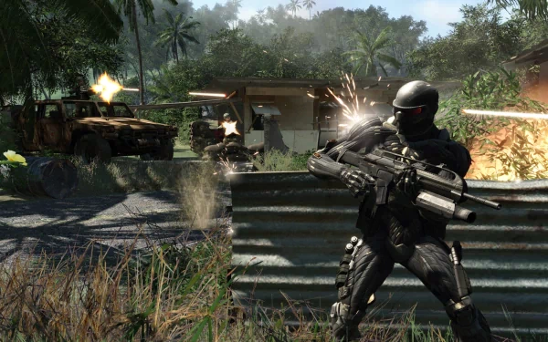 A dynamic HD desktop wallpaper from Crysis 2, showcasing a futuristic soldier in a combat scene with explosions and military vehicles amidst a lush, tropical environment.