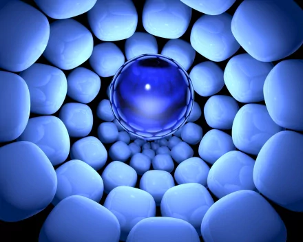 An abstract HD desktop wallpaper featuring a mesmerizing blue sphere surrounded by smooth, luminous shapes, creating a dynamic and captivating visual experience.