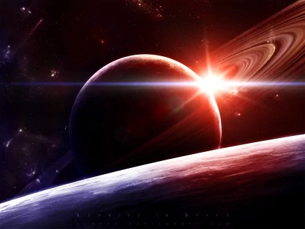 A stunning sci-fi HD desktop wallpaper featuring a distant planet with vibrant colors and a majestic planetary ring, illuminated by a radiant star in the background.