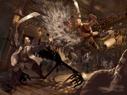HD PC desktop wallpaper from the movie Fearless (2006) depicting an intense martial arts battle scene with dynamic action and dramatic motion.