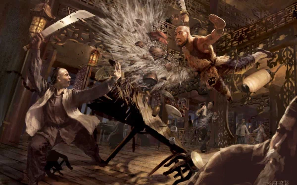 HD PC desktop wallpaper from the movie Fearless (2006) depicting an intense martial arts battle scene with dynamic action and dramatic motion.