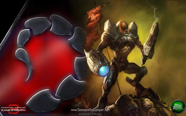 HD PC desktop wallpaper featuring a powerful armored warrior and a clawed emblem from the video game Command & Conquer 3: Kane's Wrath.