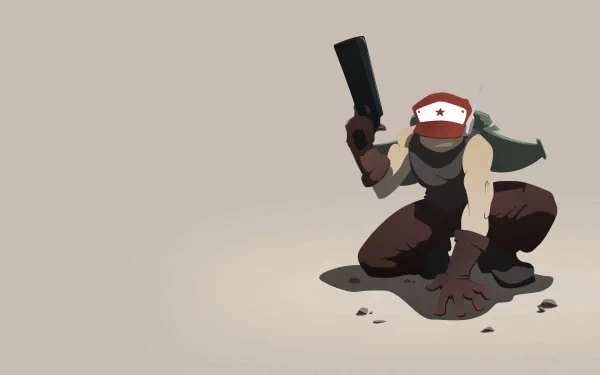 HD PC desktop wallpaper featuring a stylized character from the video game Cave Story crouching with a large gun against a minimalist beige background.