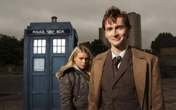HD wallpaper of the TV show Doctor Who (2005), featuring the Tardis and two main characters standing in front of it.