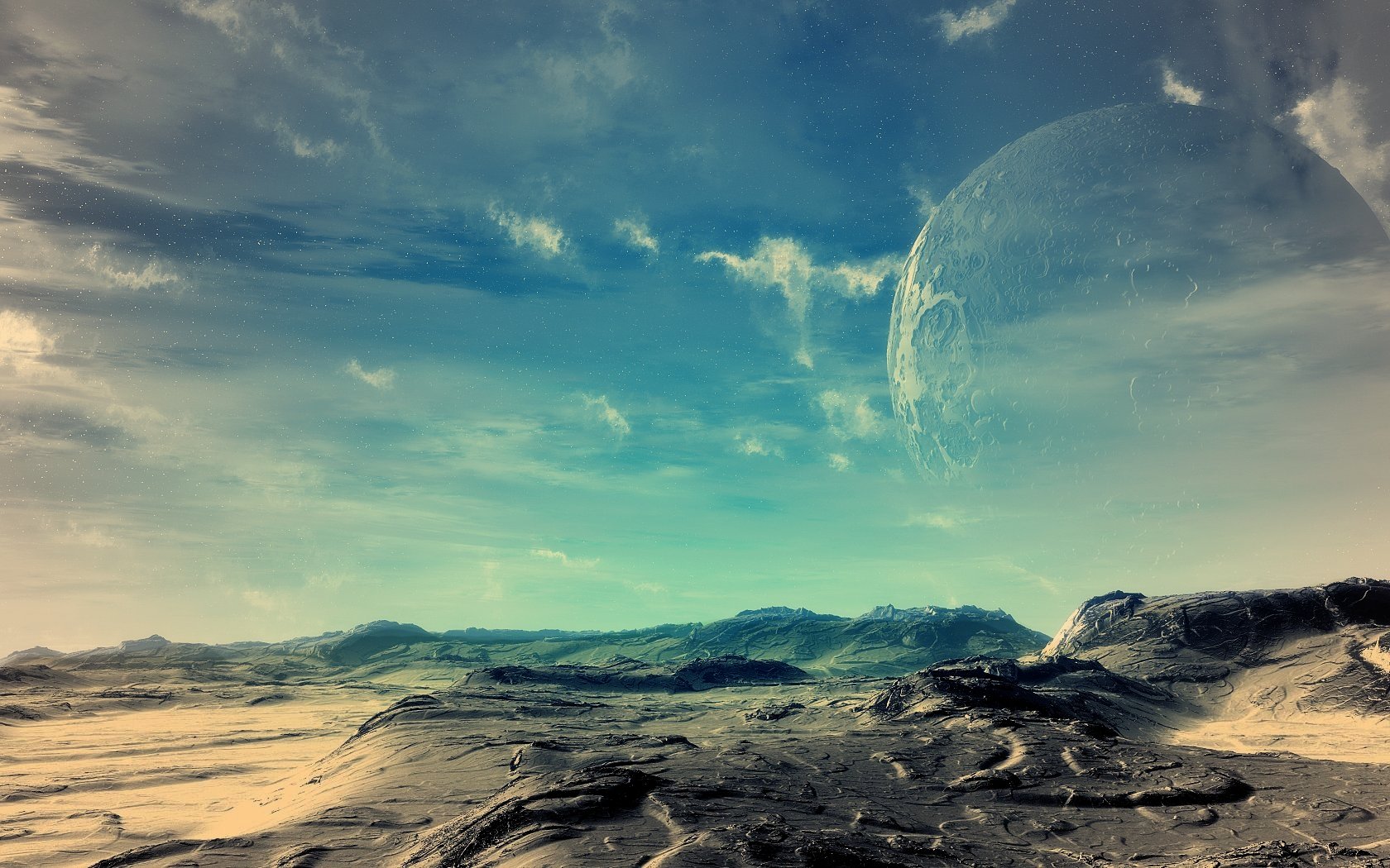 A stunning HD desktop wallpaper of a barren alien landscape with a rising planet in the sky, set against the backdrop of space and stars creating a captivating Sci-Fi atmosphere.