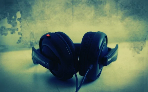 HD wallpaper featuring a pair of headphones with a ladybug perched on top, set against a textured background.