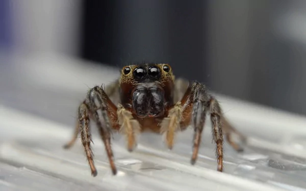 A close-up of a jumping spider, showcasing its distinct features and striking eyes, set against a blurred background. An engaging HD desktop wallpaper for animal lovers.