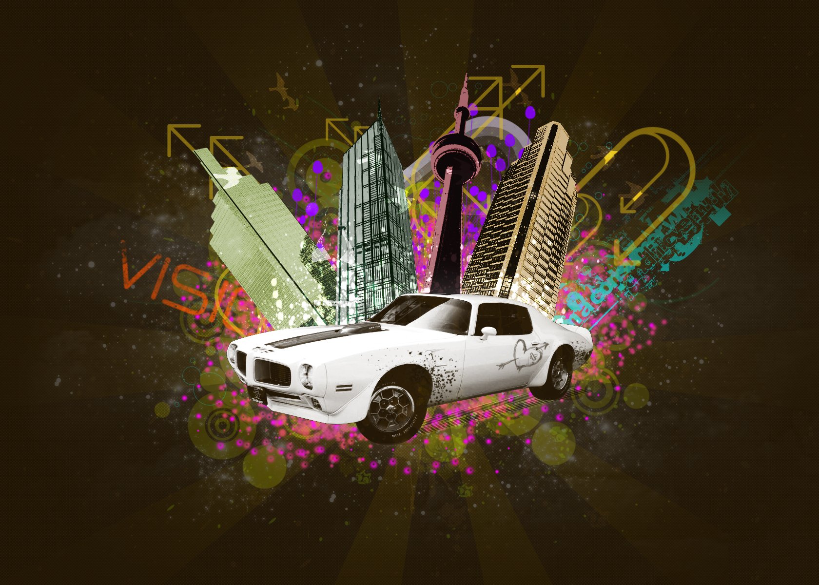 HD PC desktop wallpaper background featuring a white Pontiac Trans Am centered against stylized skyscrapers, neon arrows and colorful graffiti splashes for a bold urban look.