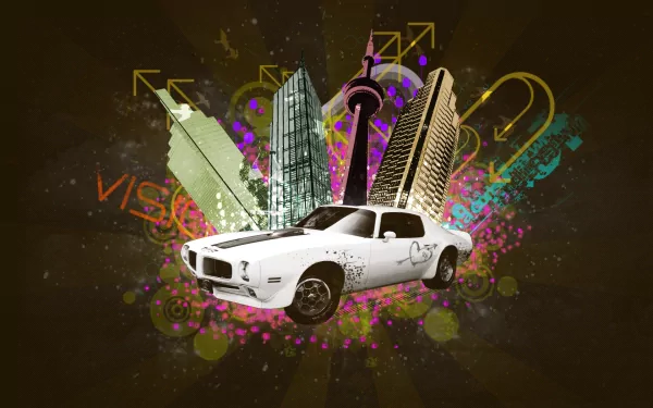 HD PC desktop wallpaper background featuring a white Pontiac Trans Am centered against stylized skyscrapers, neon arrows and colorful graffiti splashes for a bold urban look.