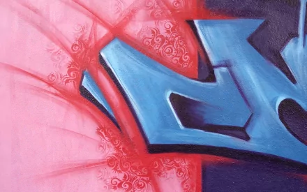 An artistic graffiti piece featuring bold blue shapes against a vibrant pink background with intricate floral patterns, designed as an HD desktop wallpaper and background.