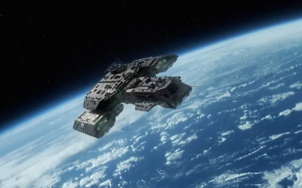 A stunning HD wallpaper featuring the spaceship from the TV show Stargate SG-1, set against the backdrop of Earth and space, capturing the essence of sci-fi adventure.