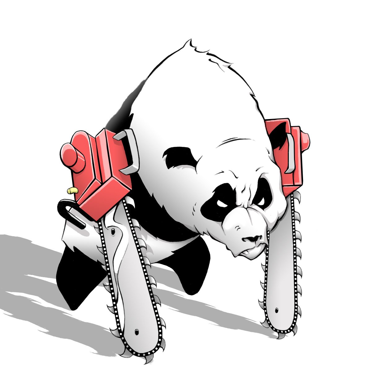 A humorous, HD desktop wallpaper featuring a panda equipped with cartoonish chainsaw attachments, blending playful elements with an amusing twist on the animal theme.