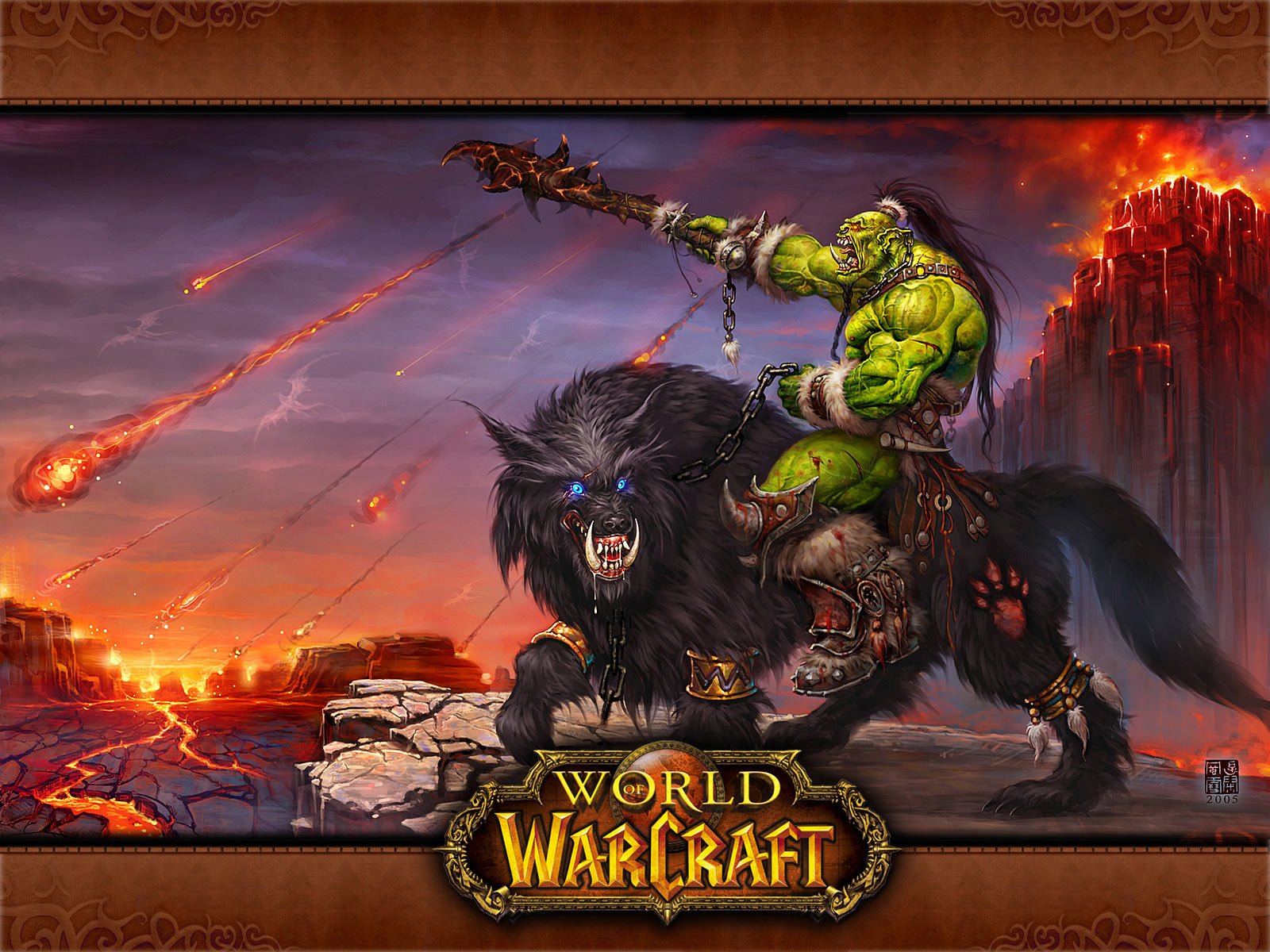 An intense Warcraft HD PC desktop wallpaper featuring an orc wielding a weapon while riding a fierce wolf, set against a dramatic background of meteors and fiery landscapes.