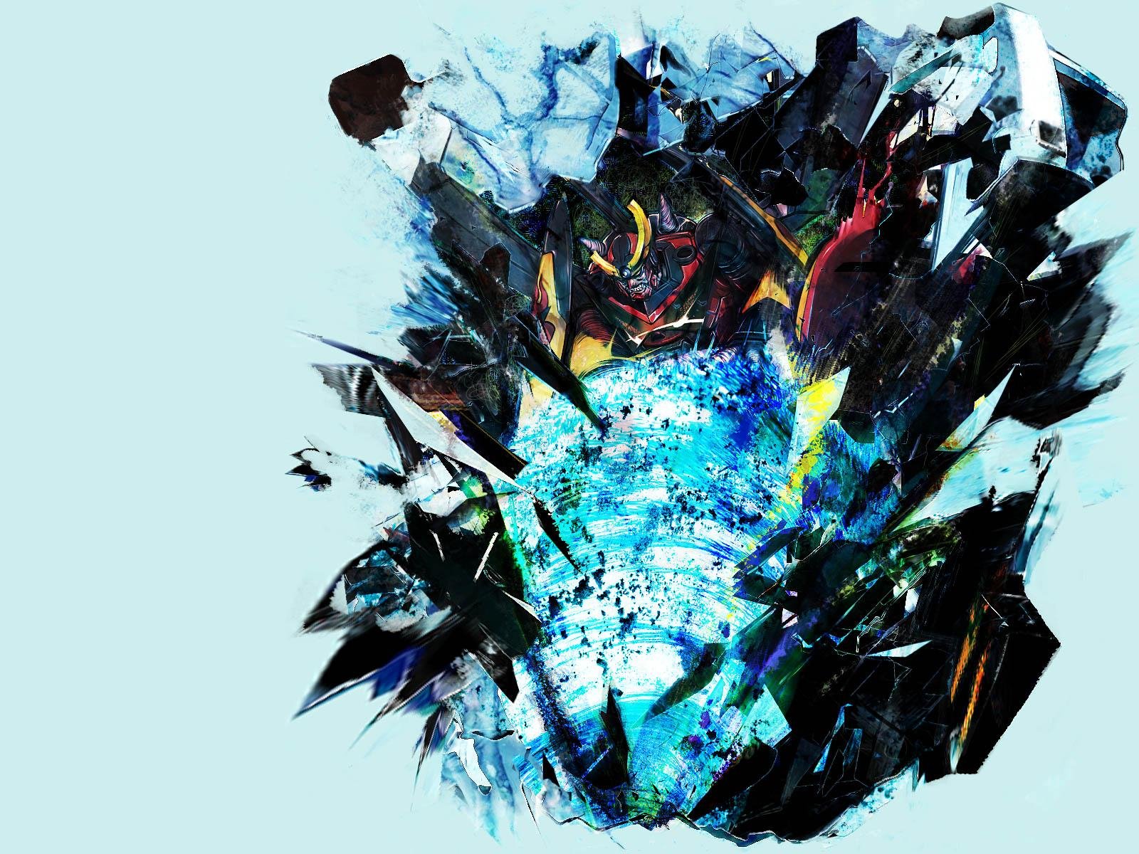 HD artistic Tengen Toppa Gurren Lagann wallpaper featuring dynamic abstract elements and vibrant blue and black tones on a light background.