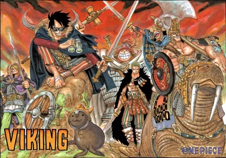 A vibrant HD desktop wallpaper featuring One Piece characters Franky, Usopp, Tony Tony Chopper, Sanji, Roronoa Zoro, and Monkey D. Luffy in Viking attire. The background is fiery with dramatic tones.