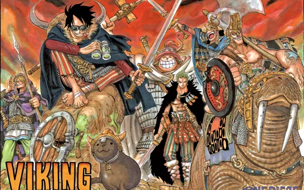 A vibrant HD desktop wallpaper featuring One Piece characters Franky, Usopp, Tony Tony Chopper, Sanji, Roronoa Zoro, and Monkey D. Luffy in Viking attire. The background is fiery with dramatic tones.