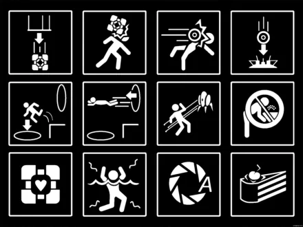 A collage of iconic symbols from the video game Portal, featuring various gameplay mechanics and elements, displayed as a high-definition PC desktop wallpaper and background.