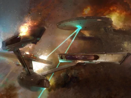 HD wallpaper featuring iconic starships from Star Trek: The Original Series, set against a backdrop of vibrant space and dynamic energy beams.