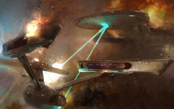 HD wallpaper featuring iconic starships from Star Trek: The Original Series, set against a backdrop of vibrant space and dynamic energy beams.