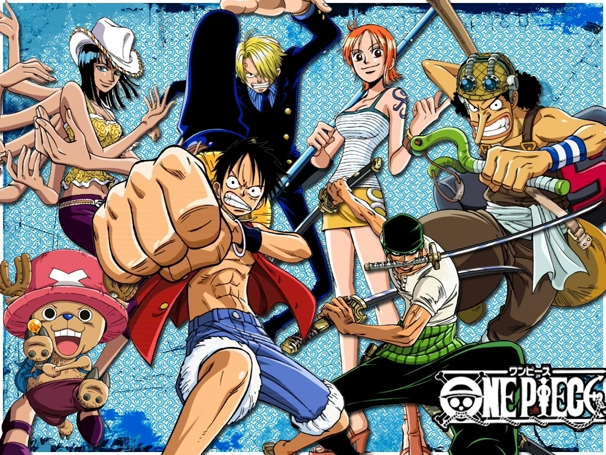 The Straw Hat Pirates from One Piece, featuring Luffy, Nami, Robin, Sanji, Usopp, Zoro, and Chopper.