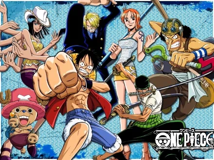 HD desktop wallpaper featuring Tony Tony Chopper, Roronoa Zoro, Usopp, Sanji, Nico Robin, Nami, and Monkey D. Luffy from the anime One Piece, striking dynamic poses against a blue patterned background.