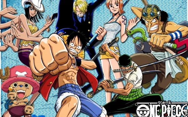 HD desktop wallpaper featuring Tony Tony Chopper, Roronoa Zoro, Usopp, Sanji, Nico Robin, Nami, and Monkey D. Luffy from the anime One Piece, striking dynamic poses against a blue patterned background.
