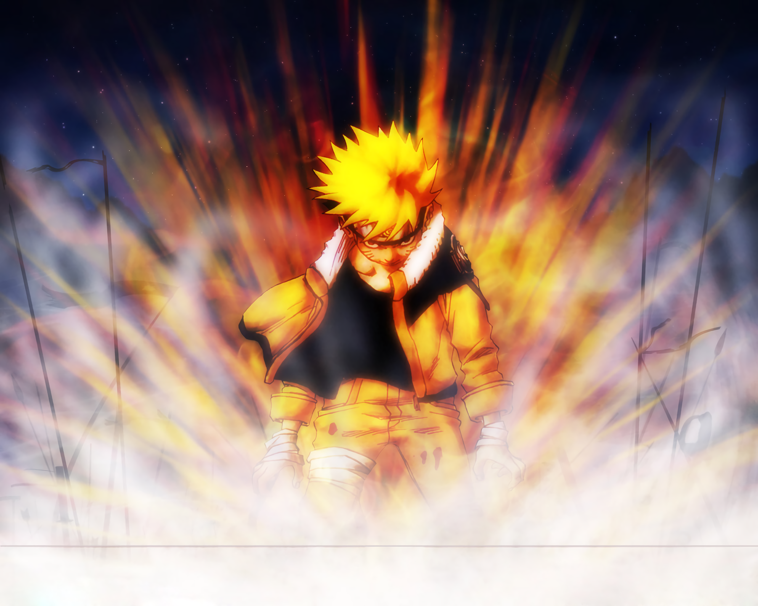 HD desktop wallpaper featuring Naruto Uzumaki, a blonde anime character from Naruto, in a dynamic pose with an explosive background.