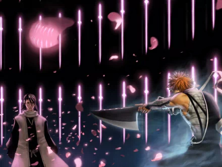 HD wallpaper featuring Byakuya Kuchiki and Ichigo Kurosaki from the anime Bleach, with a dramatic backdrop of glowing pink lines and falling petals.
