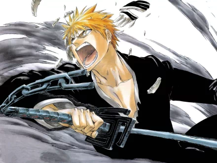HD desktop wallpaper featuring Ichigo Kurosaki from the anime Bleach, showcasing dynamic action with Ichigo wielding his sword and emitting a powerful shout against a dramatic background.