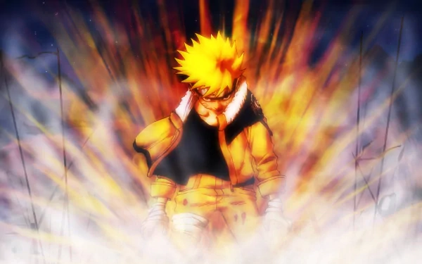 HD desktop wallpaper featuring Naruto Uzumaki, a blonde anime character from Naruto, in a dynamic pose with an explosive background.
