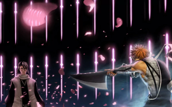 HD wallpaper featuring Byakuya Kuchiki and Ichigo Kurosaki from the anime Bleach, with a dramatic backdrop of glowing pink lines and falling petals.
