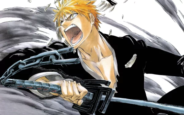 HD desktop wallpaper featuring Ichigo Kurosaki from the anime Bleach, showcasing dynamic action with Ichigo wielding his sword and emitting a powerful shout against a dramatic background.