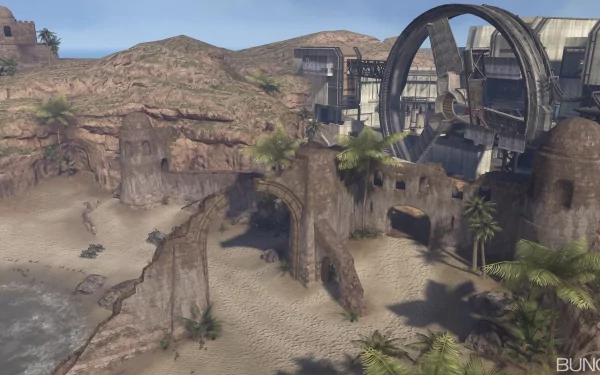 4K Ultra HD PC desktop wallpaper featuring a detailed Halo video game landscape with rocky cliffs, desert terrain, palm trees, and futuristic structures.