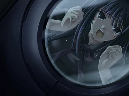 Anime-style HD PC desktop wallpaper featuring a distressed female character from Ever17, viewed through a circular window or porthole.