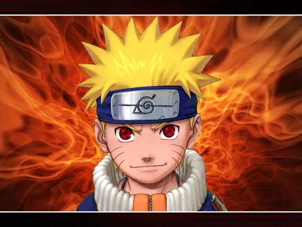 HD desktop wallpaper featuring anime character Naruto Uzumaki with blonde hair and Sharingan eyes, set against a fiery background.